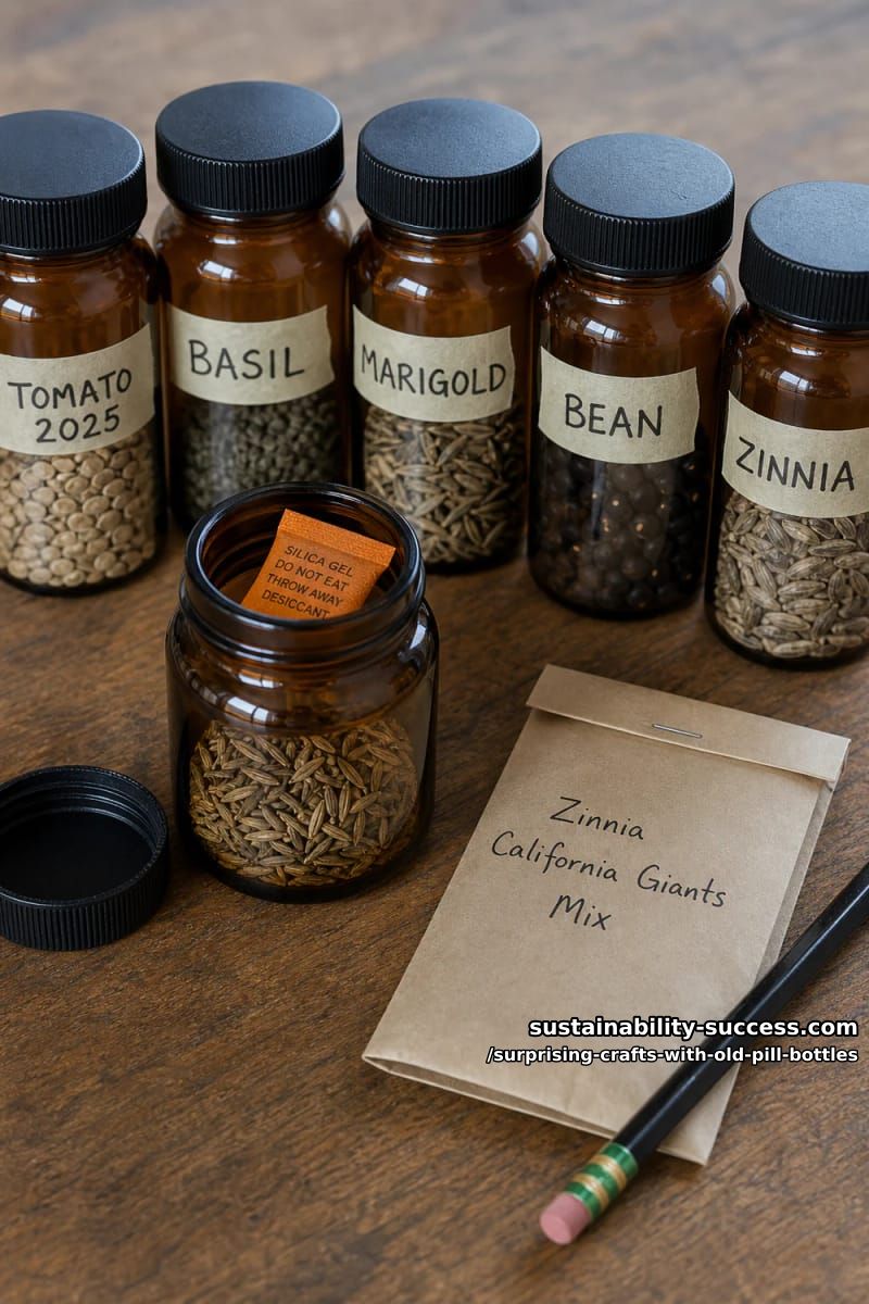 12 Surprising Crafts With Old Pill Bottles 10 a seed vault that puts the amber tint to work 1