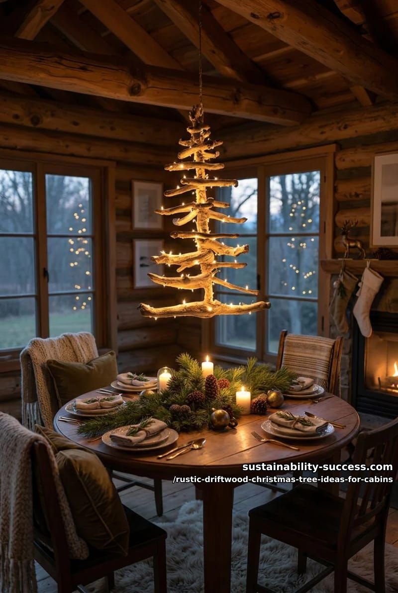 a suspended driftwood tree hung from a beam 1