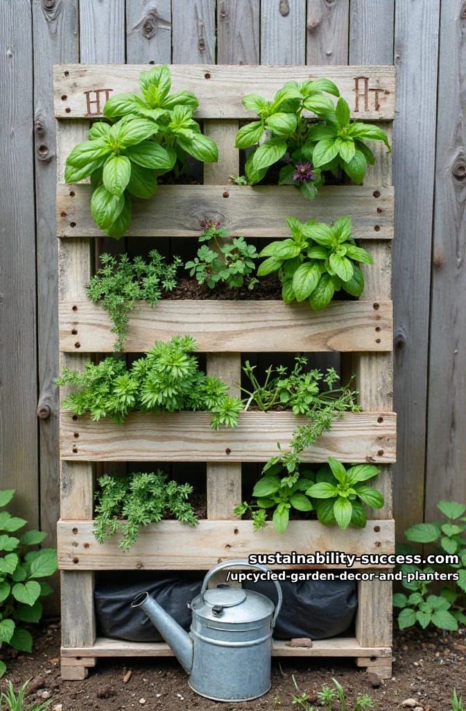 18 Upcycled Garden Decor and Planter Ideas, From Boot Planters to a Watering-Can Fountain 8 a wood pallet stood up as a vertical herb wall 1
