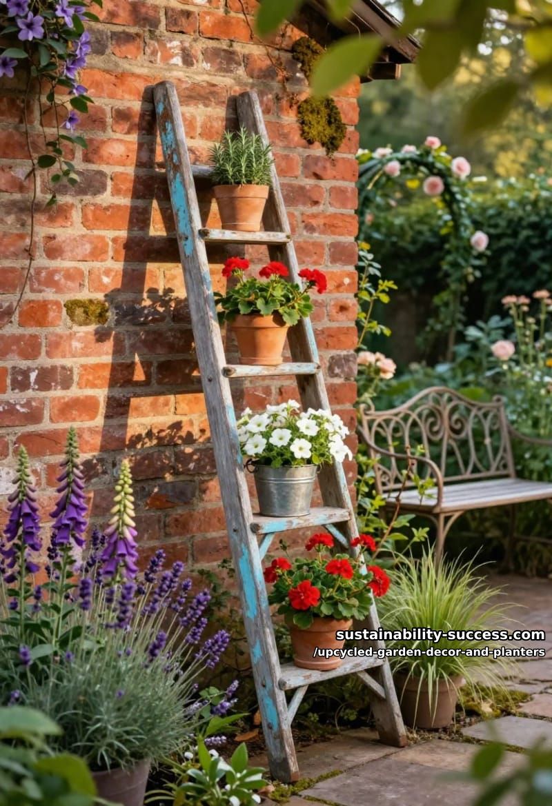 18 Upcycled Garden Decor and Planter Ideas, From Boot Planters to a Watering-Can Fountain 15 a wooden ladder as a tiered plant stand 1