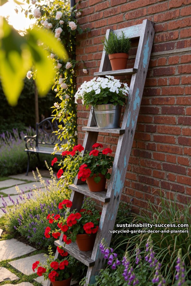 18 Upcycled Garden Decor and Planter Ideas, From Boot Planters to a Watering-Can Fountain 16 a wooden ladder as a tiered plant stand 1
