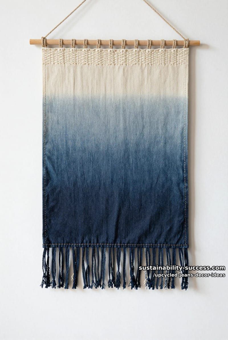 a woven denim wall hanging that grades light to dark 1