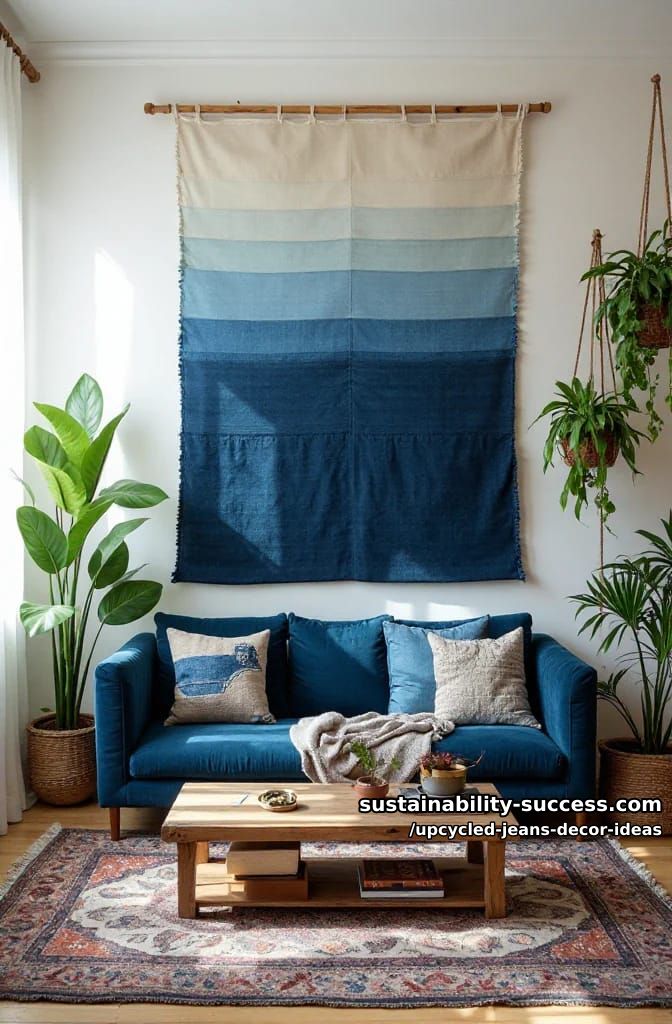 a woven denim wall hanging that grades light to dark 1