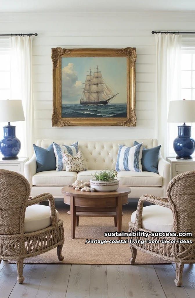 15 Vintage Coastal Living Room Decor Ideas You'll Love 8 antique ship painting above sofa surrounded by blue ceramic table lamps 1