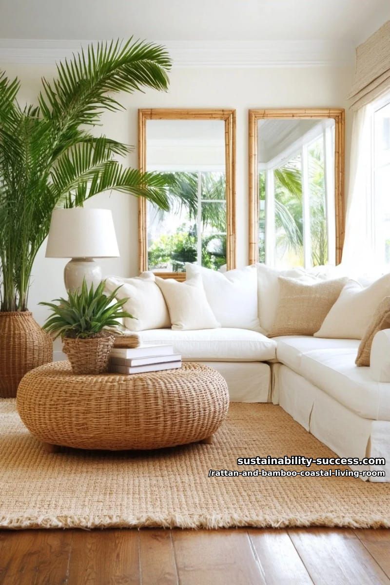 bamboo-framed mirrors reflecting coastal sunlight above cream slipcovered couches 1