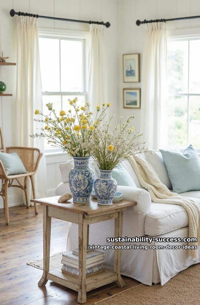 15 Vintage Coastal Living Room Decor Ideas You'll Love 3 blue and white chinoiserie vases with wildflowers on distressed wood side table 1