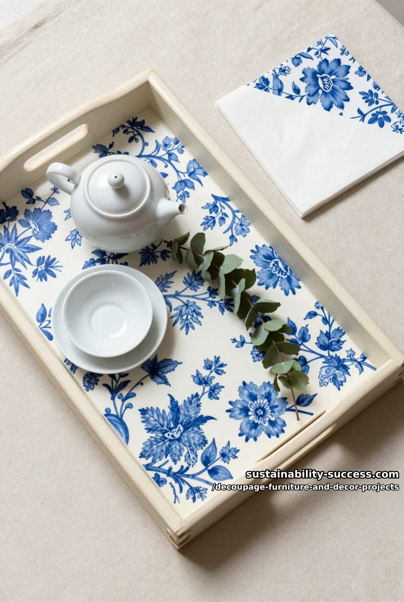 12 Decoupage Projects That Transform Tired Furniture and Decor 6 blue-and-white napkin serving tray 1