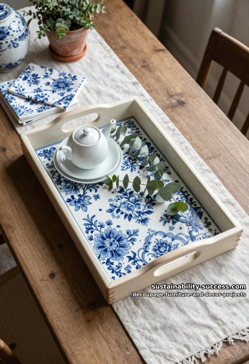 12 Decoupage Projects That Transform Tired Furniture and Decor 7 blue-and-white napkin serving tray 1