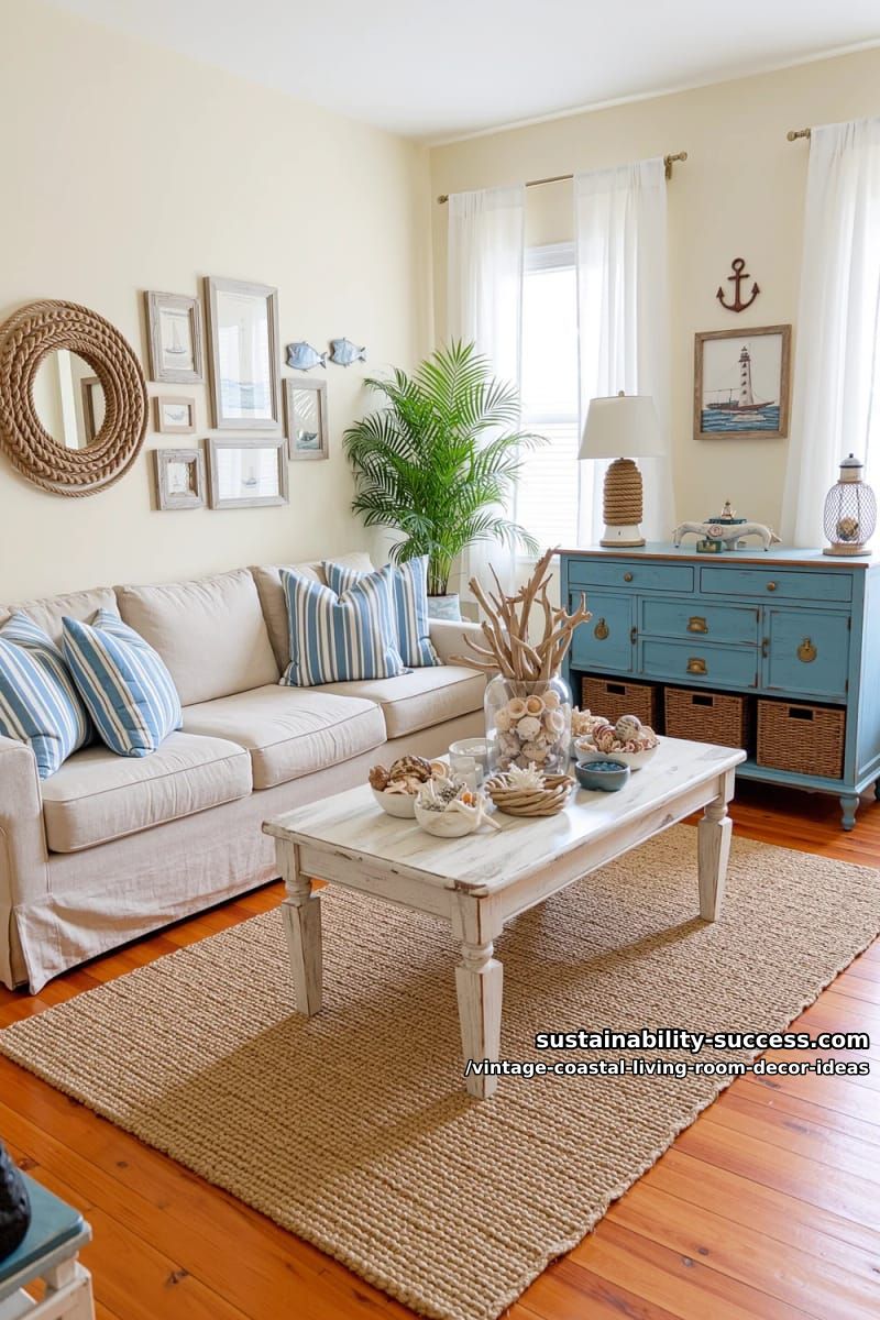 15 Vintage Coastal Living Room Decor Ideas You'll Love 7 blue striped cushions with jute rug and seashell centerpieces for coastal charm 1