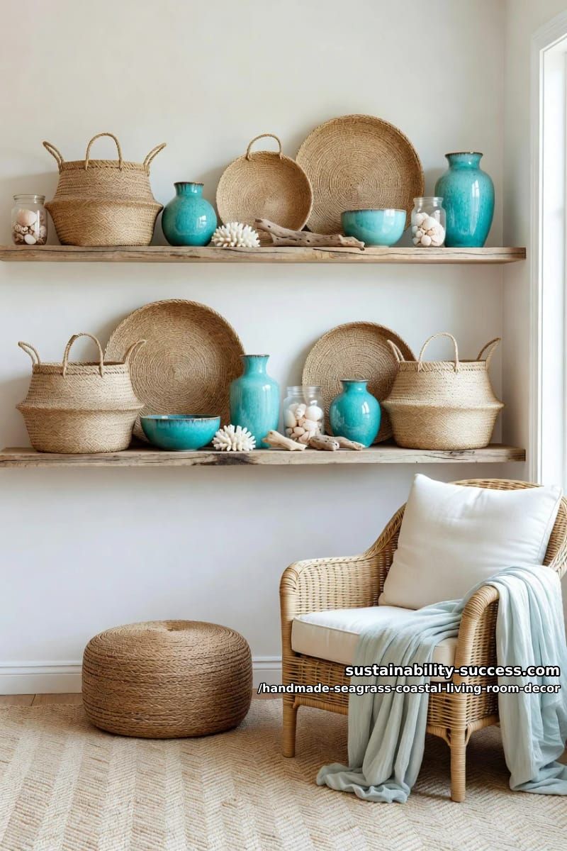 boho coastal shelf styling using seagrass baskets and turquoise ceramics 1