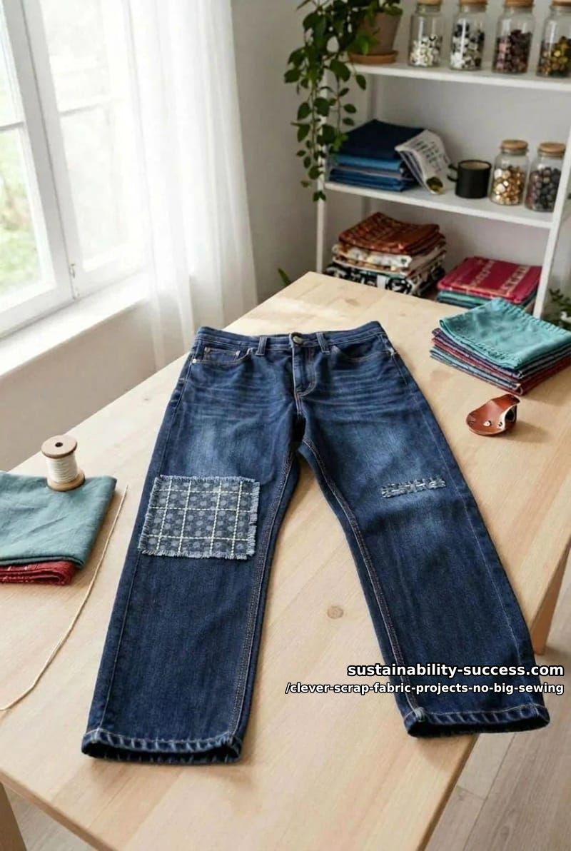 12 Clever Scrap Fabric Projects With Almost No Sewing 5 boro patches that mend a worn knee with visible stitches 1