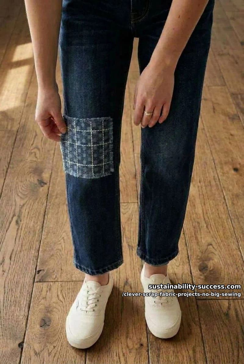 12 Clever Scrap Fabric Projects With Almost No Sewing 6 boro patches that mend a worn knee with visible stitches 1