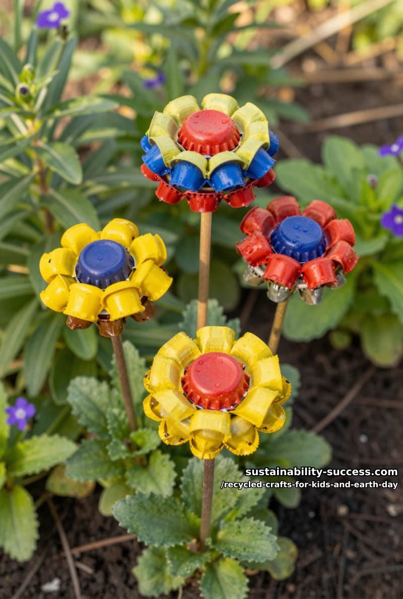 bottle cap flowers on a garden stake 1