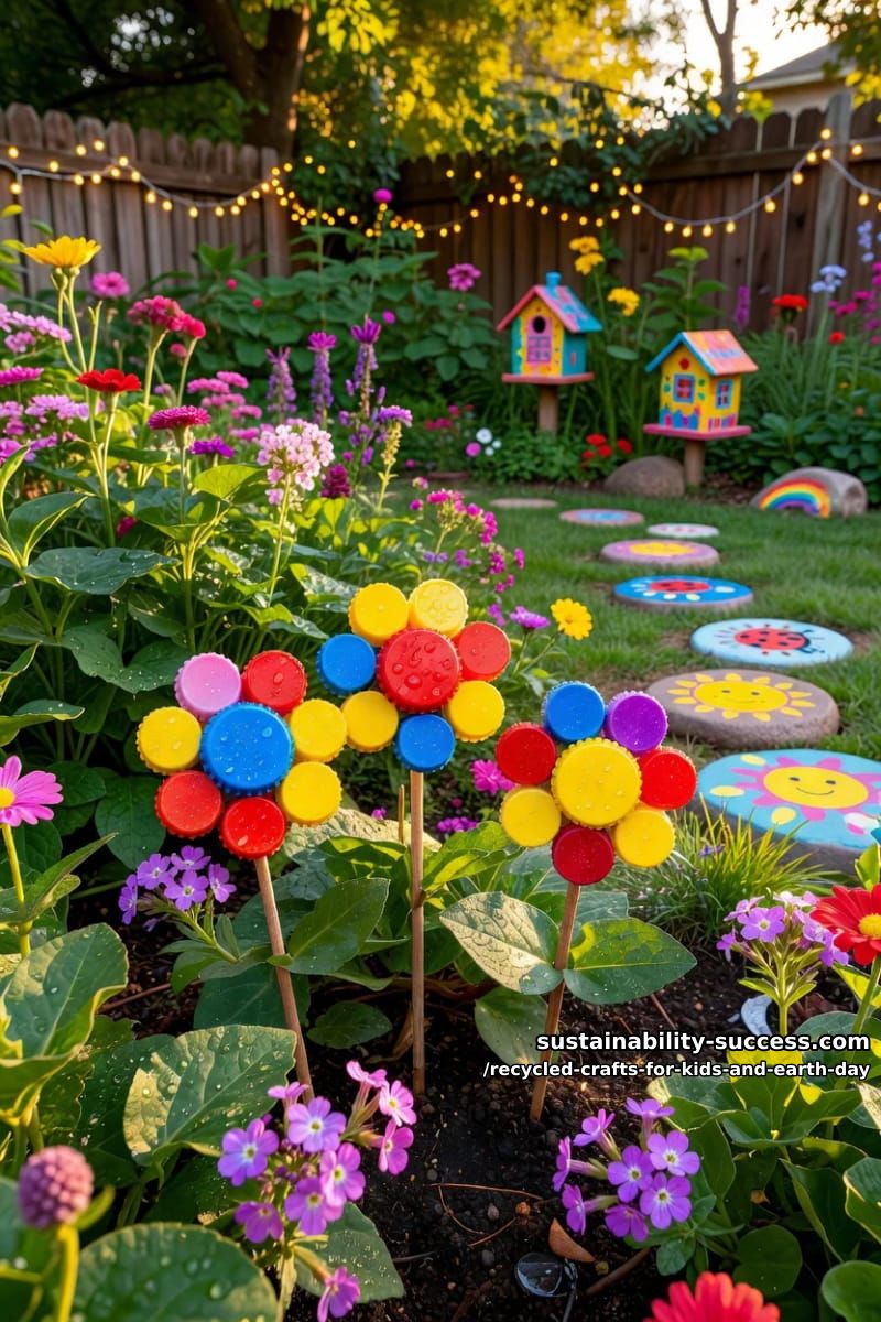 bottle cap flowers on a garden stake 1