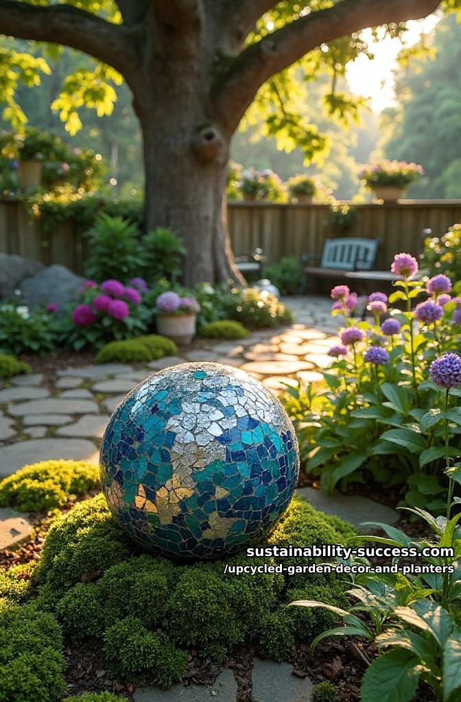 18 Upcycled Garden Decor and Planter Ideas, From Boot Planters to a Watering-Can Fountain 25 bowling balls as mosaic gazing globes 1