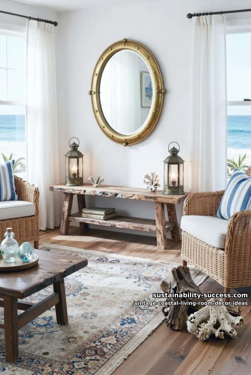 15 Vintage Coastal Living Room Decor Ideas You'll Love 15 brass porthole mirror paired with vintage nautical lanterns and rustic bench 1