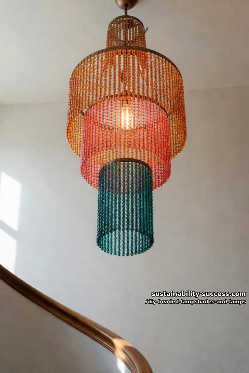 10 DIY Beaded Lampshade and Lamp Ideas for a Warm, Jeweled Glow 17 build a cascading multi-tier beaded chandelier 1