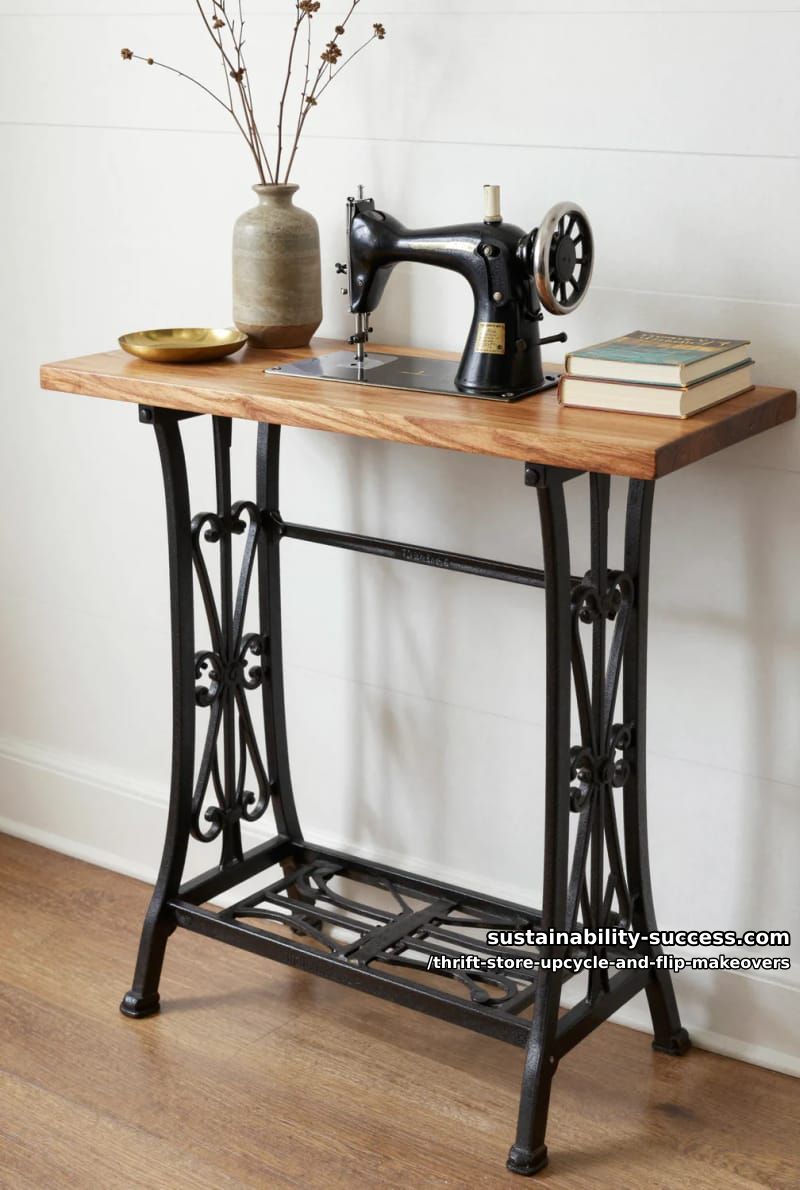 12 Thrift Store Upcycle and Flip Makeovers That Actually Hold Up 23 build a console from a cast-iron sewing machine base 1