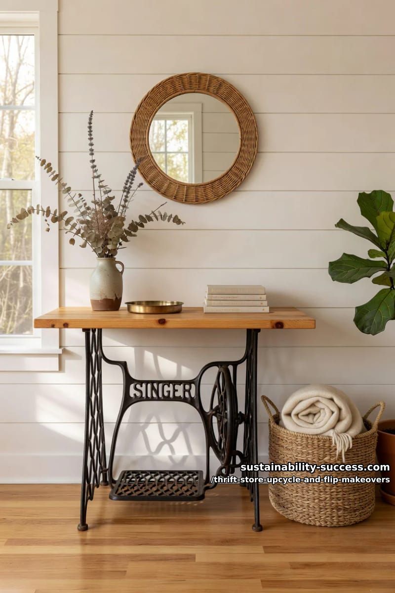 12 Thrift Store Upcycle and Flip Makeovers That Actually Hold Up 24 build a console from a cast-iron sewing machine base 1