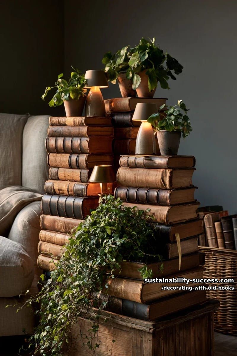build height with horizontal book stacks under lamps and plants 1