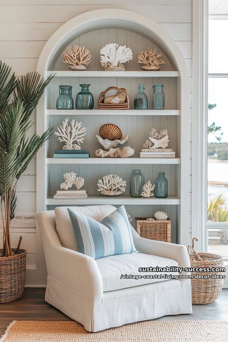 15 Vintage Coastal Living Room Decor Ideas You'll Love 9 built-in arch display shelves filled with coral, sea glass, and vintage books 1