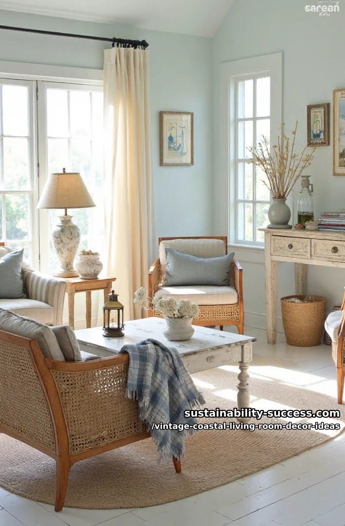 15 Vintage Coastal Living Room Decor Ideas You'll Love 12 cane-back armchairs with soft plaid throws in a sun-drenched vintage living room 1