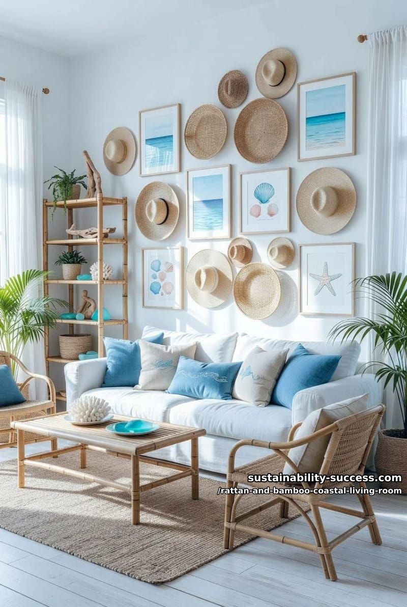 cane basket gallery wall mixed with ocean-themed prints and hats 1
