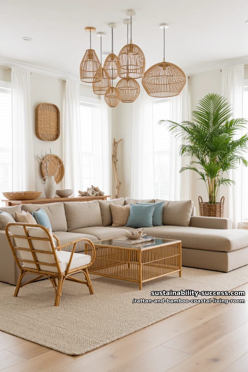 ceiling-hung bamboo pendant clusters illuminating a sand-toned sectional 1
