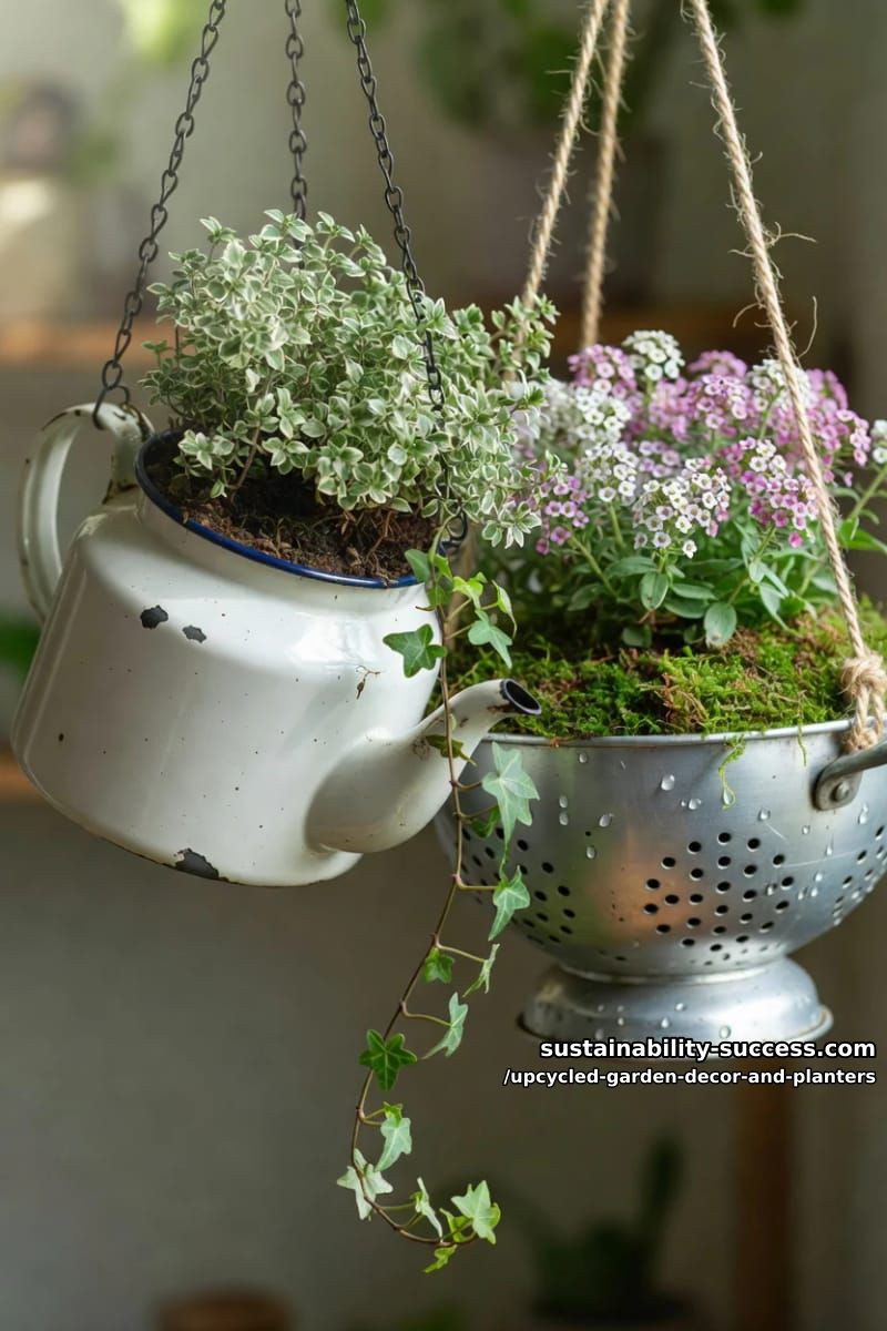 18 Upcycled Garden Decor and Planter Ideas, From Boot Planters to a Watering-Can Fountain 12 chipped teapots, kettles, and a colander as hanging planters 1