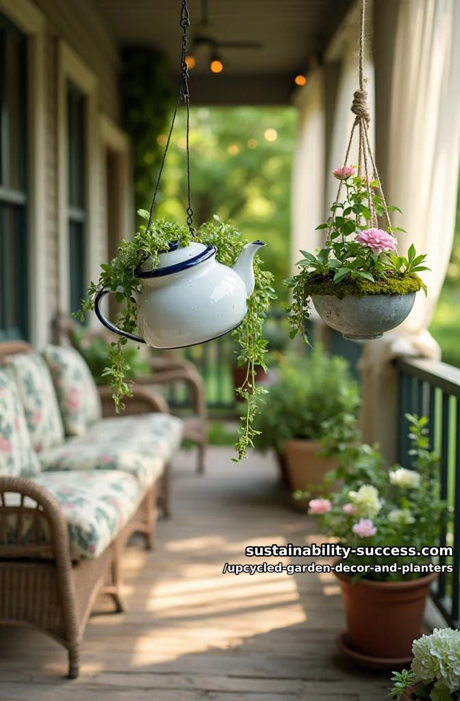 18 Upcycled Garden Decor and Planter Ideas, From Boot Planters to a Watering-Can Fountain 13 chipped teapots, kettles, and a colander as hanging planters 1