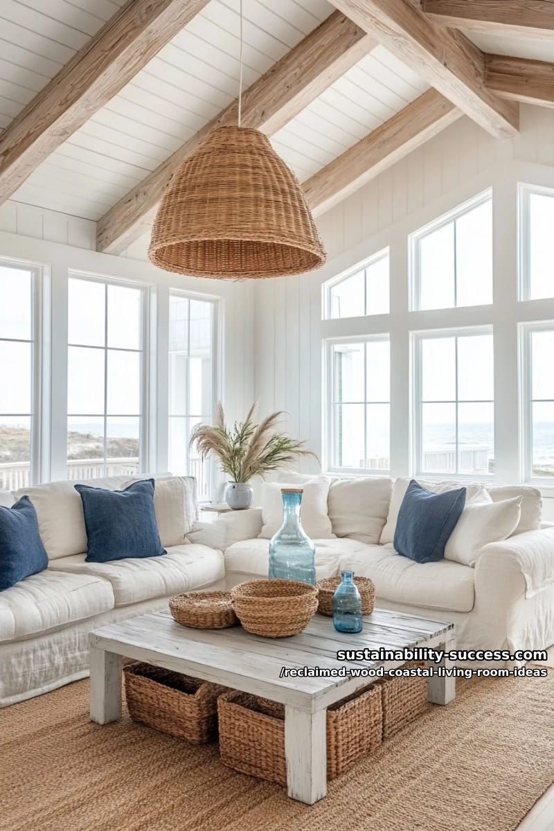 15 Reclaimed Wood Decor Ideas for a Breezy Coastal Living Room 7 chunky reclaimed wood beams contrasting white shiplap ceilings 1