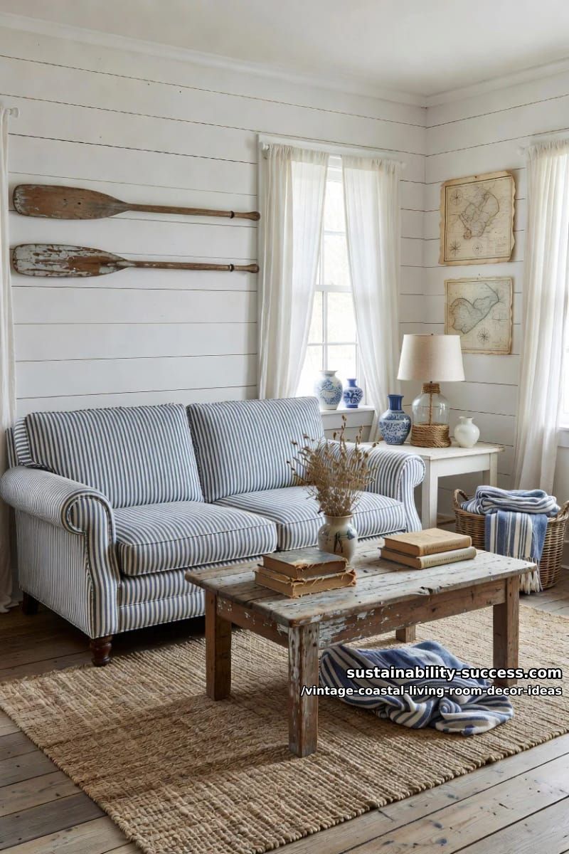 15 Vintage Coastal Living Room Decor Ideas You'll Love 14 classic blue-and-white ticking stripe sofa with thrifted wooden oar wall decor 1