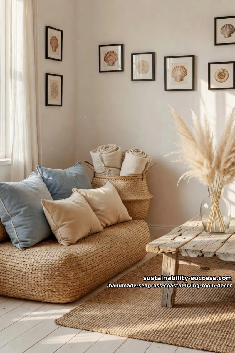 coastal blue and sand-hued throw pillows on a seagrass pouf bench 1