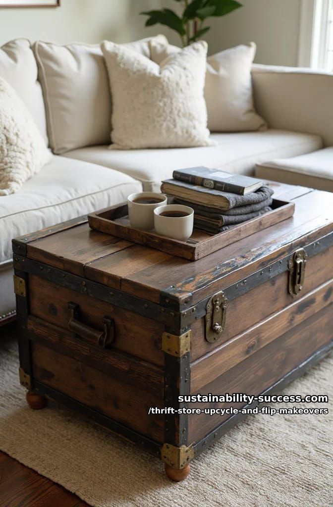 12 Thrift Store Upcycle and Flip Makeovers That Actually Hold Up 32 convert a secondhand steamer trunk into a lidded coffee table 1