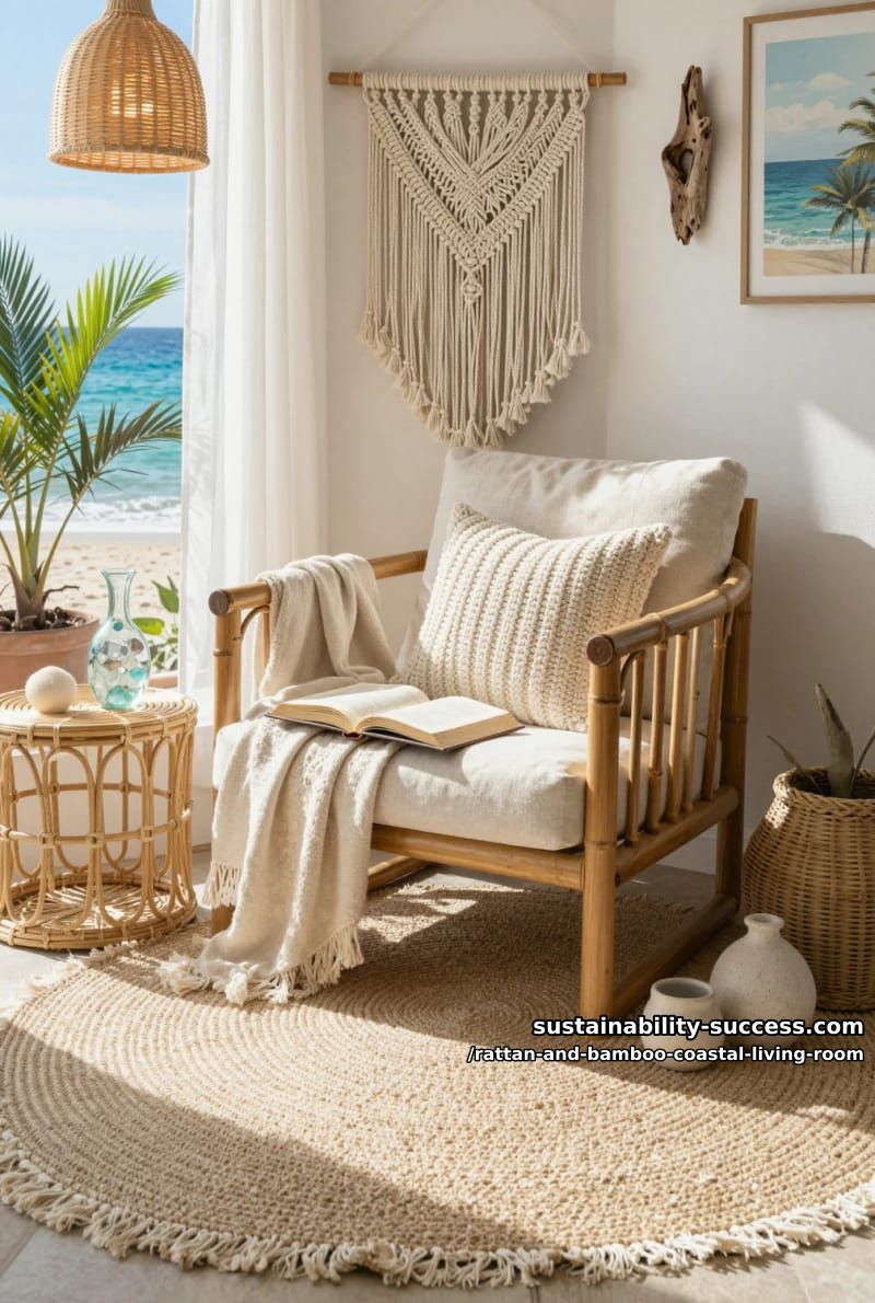 cozy reading nook with bamboo armchair, macramé wall hanging, and sisal rug 1