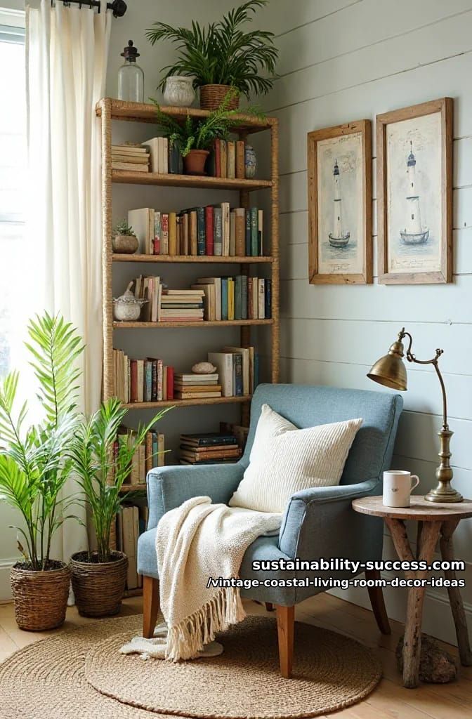 15 Vintage Coastal Living Room Decor Ideas You'll Love 16 cozy reading nook with rattan bookshelf, potted ferns, and faded lighthouse prints 1