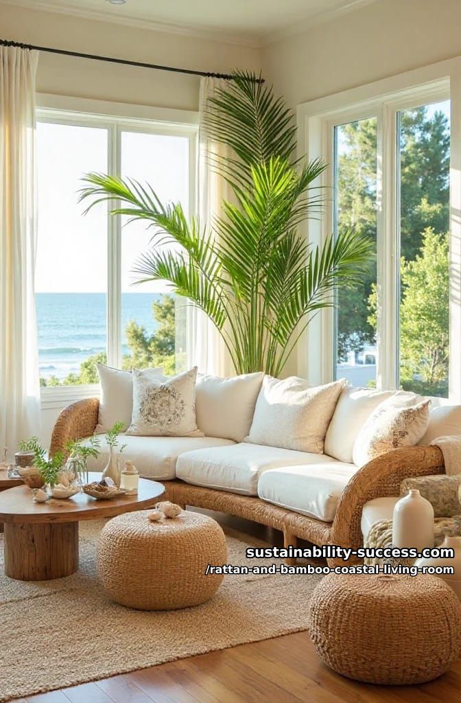 curved rattan sofa facing indoor potted palms and woven poufs 1
