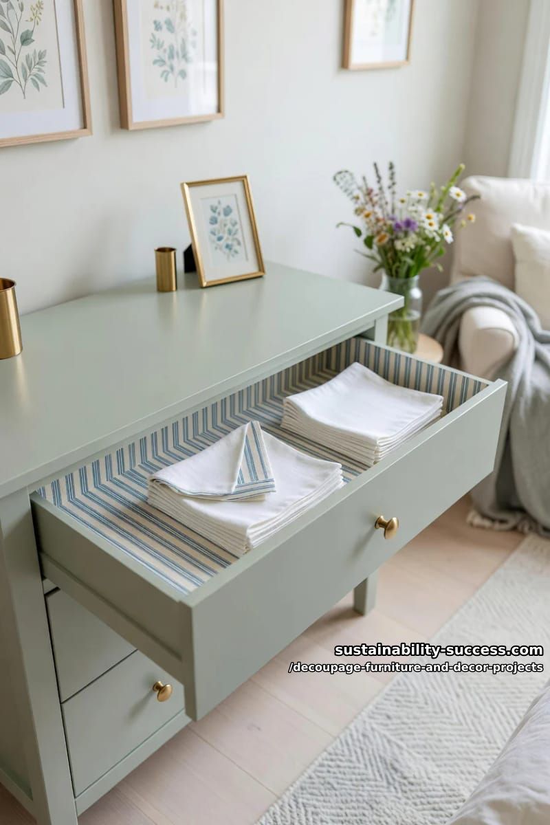 12 Decoupage Projects That Transform Tired Furniture and Decor 18 decoupaged drawer interiors and sides 1