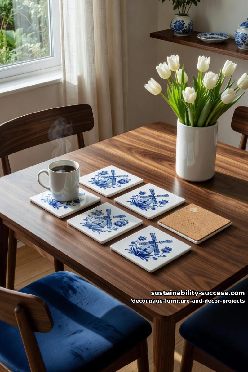 12 Decoupage Projects That Transform Tired Furniture and Decor 20 delft ceramic tile coasters 1