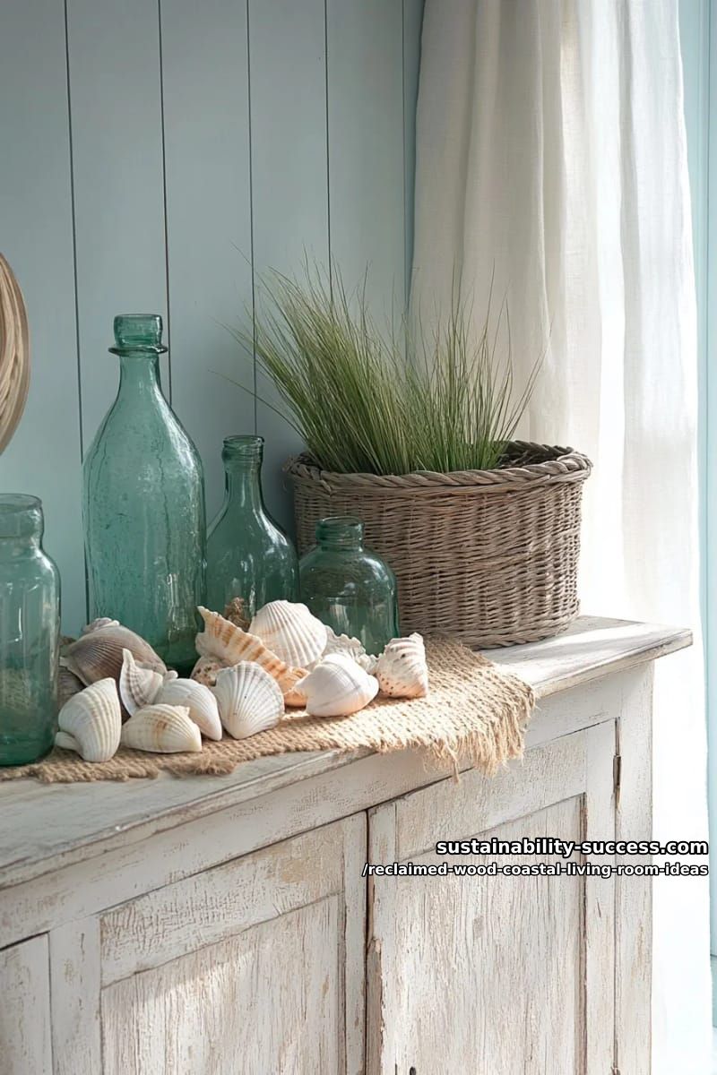 15 Reclaimed Wood Decor Ideas for a Breezy Coastal Living Room 9 distressed wood sideboard displaying seashells and vintage glass bottles 1