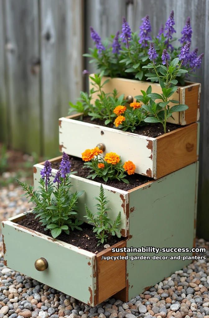 18 Upcycled Garden Decor and Planter Ideas, From Boot Planters to a Watering-Can Fountain 17 dresser drawers stacked into a planted staircase 1