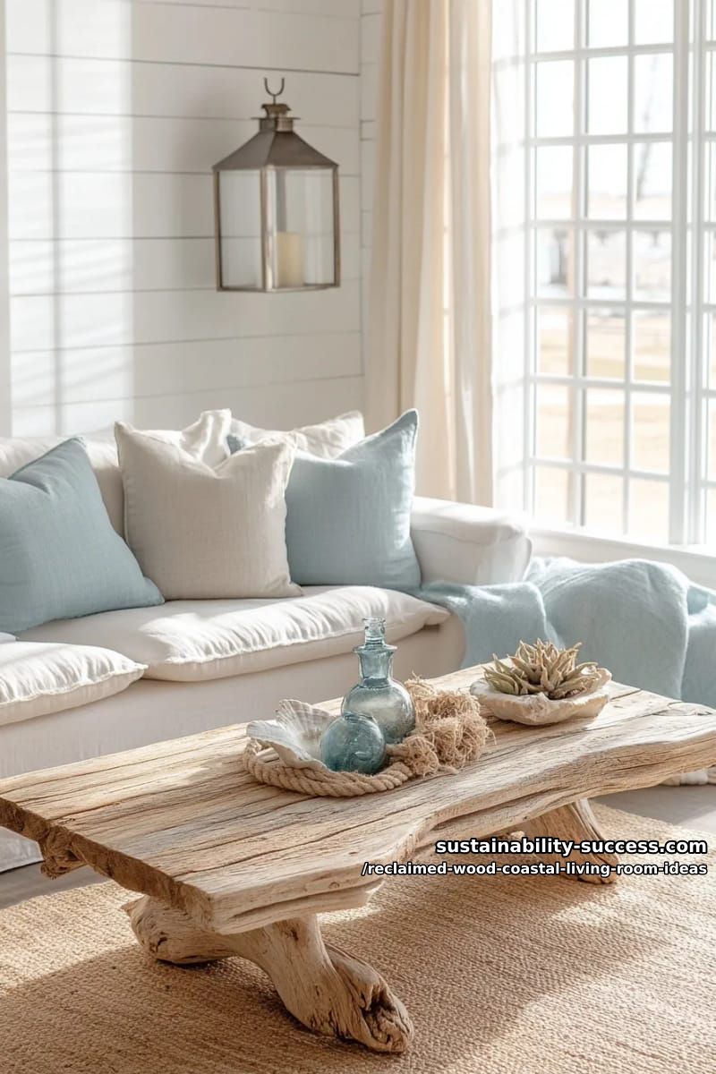 15 Reclaimed Wood Decor Ideas for a Breezy Coastal Living Room 2 driftwood coffee table centerpiece paired with soft ocean blue cushions 1