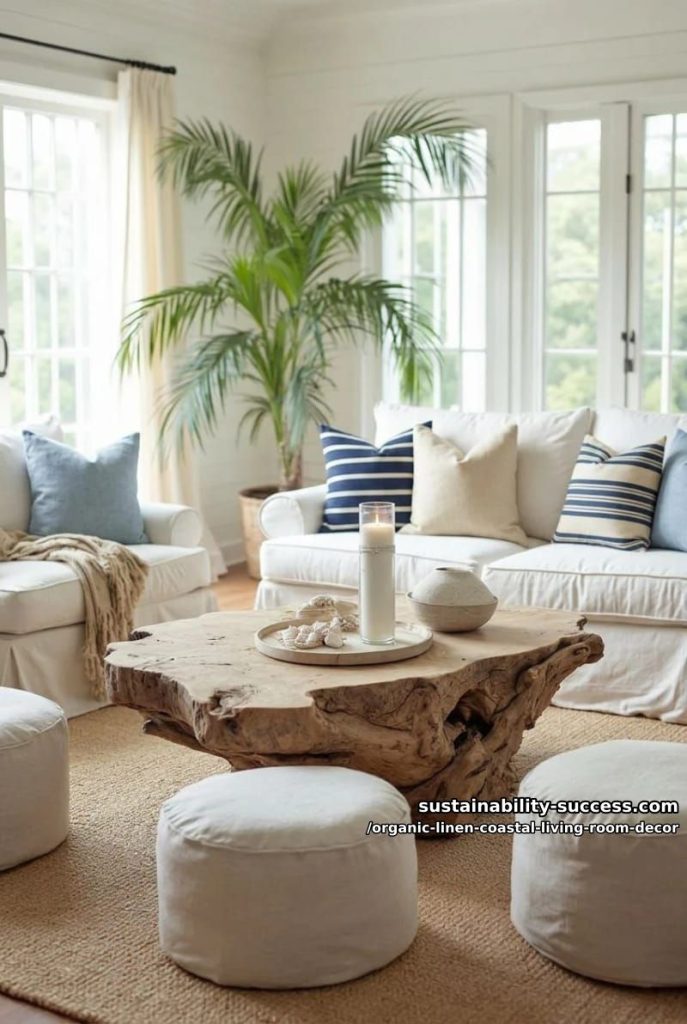 driftwood coffee table surrounded by natural linen poufs and ottomans 2
