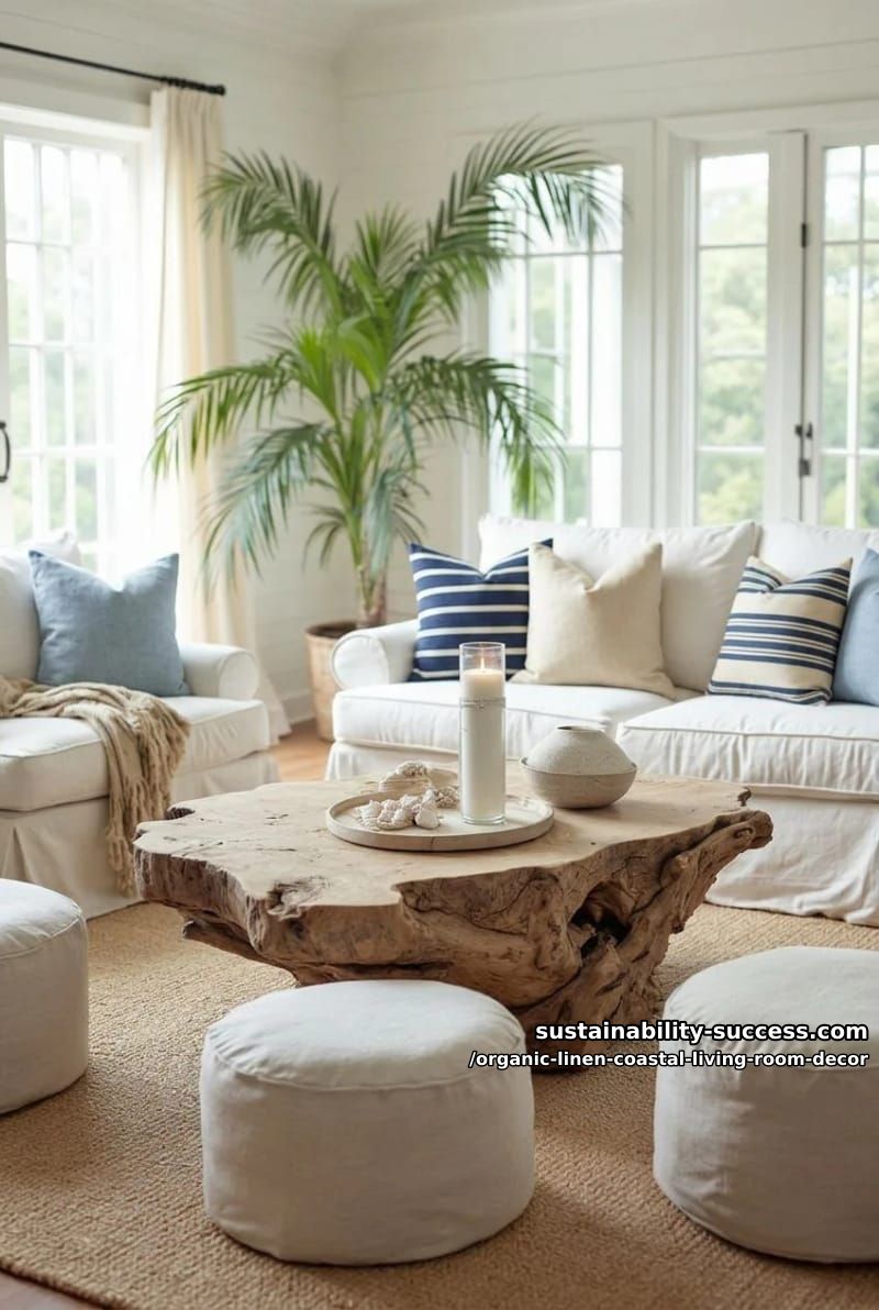 driftwood coffee table surrounded by natural linen poufs and ottomans 1