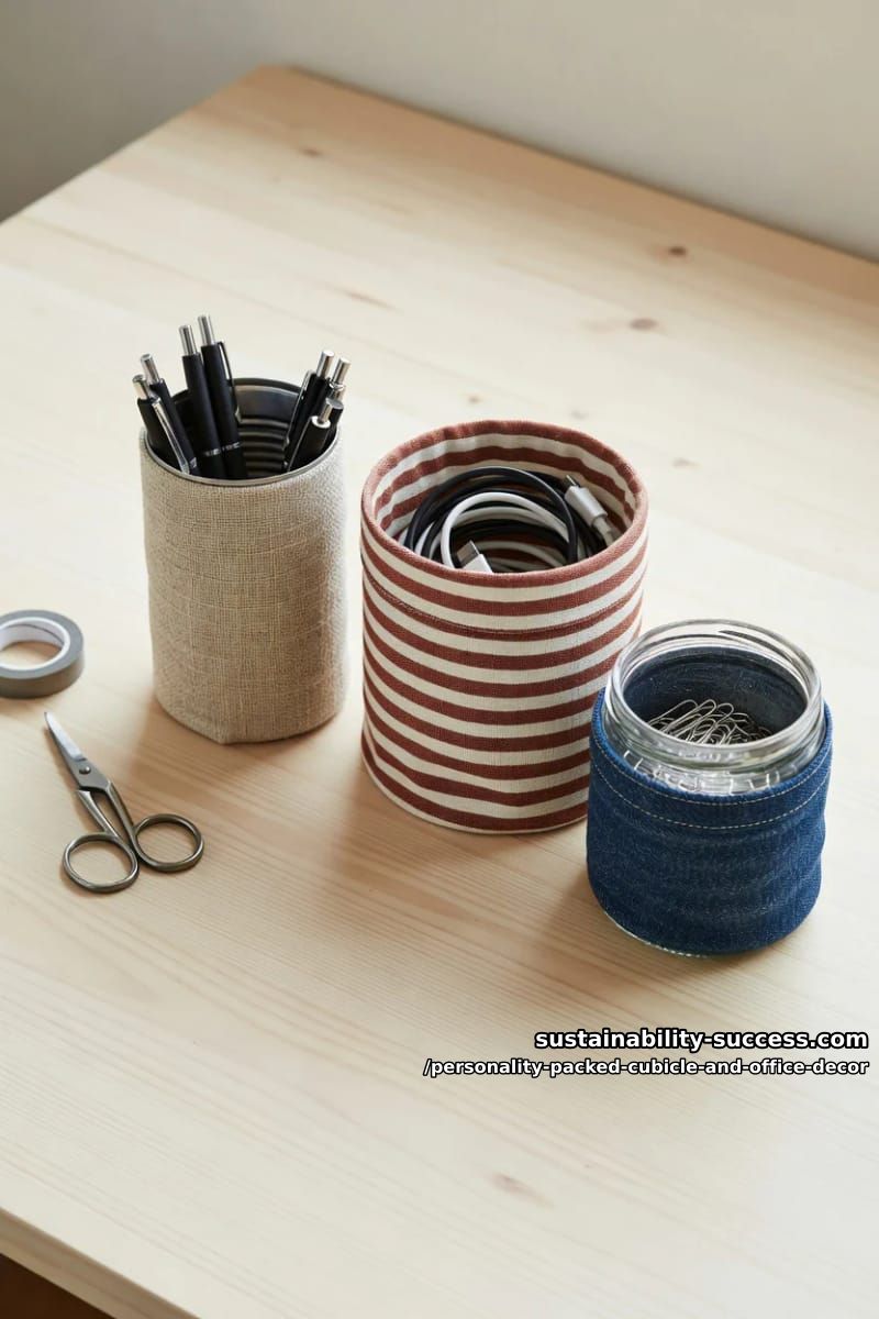 fabric-wrap your tins and jars instead of buying desk organizers 1