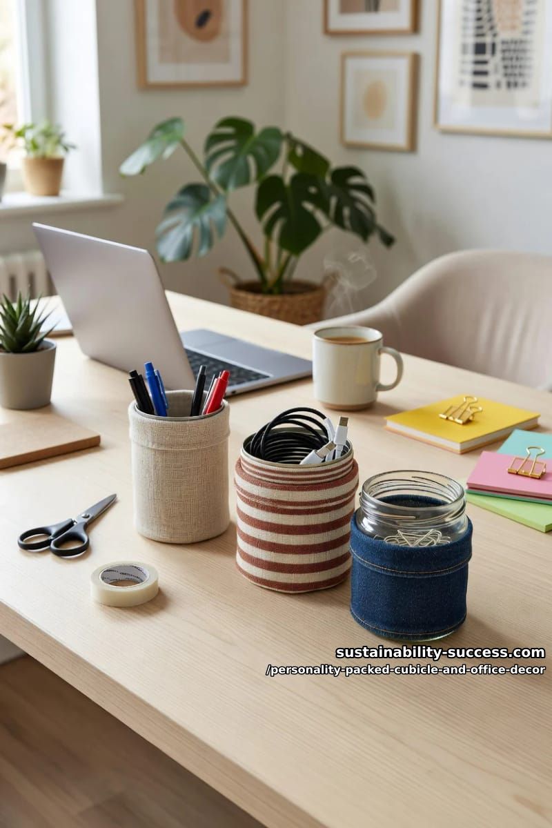fabric-wrap your tins and jars instead of buying desk organizers 1