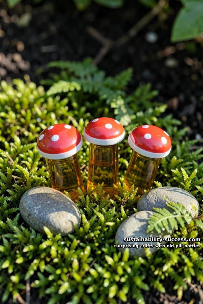 Sustainability Success 11 fairy-garden toadstools made from a pill bottle and its cap 2