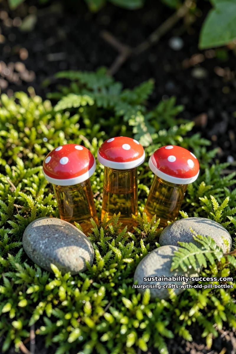 12 Surprising Crafts With Old Pill Bottles 3 fairy-garden toadstools made from a pill bottle and its cap 1