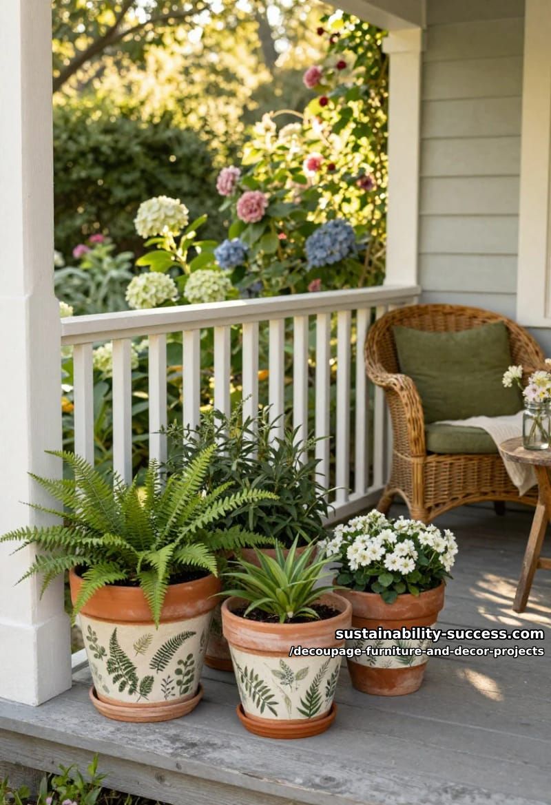 12 Decoupage Projects That Transform Tired Furniture and Decor 14 fern-print terracotta pots for a covered porch 1