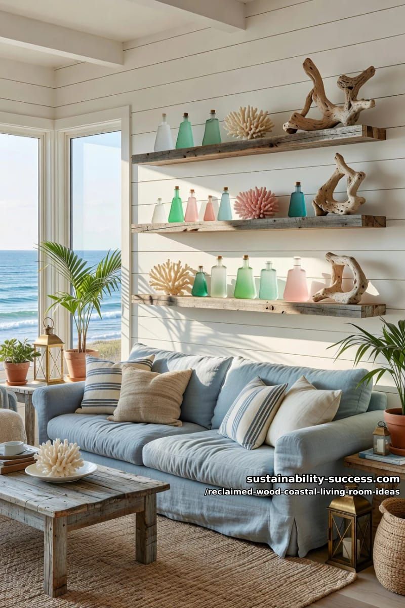 15 Reclaimed Wood Decor Ideas for a Breezy Coastal Living Room 6 floating reclaimed wood shelves showcasing sea glass and coral 1